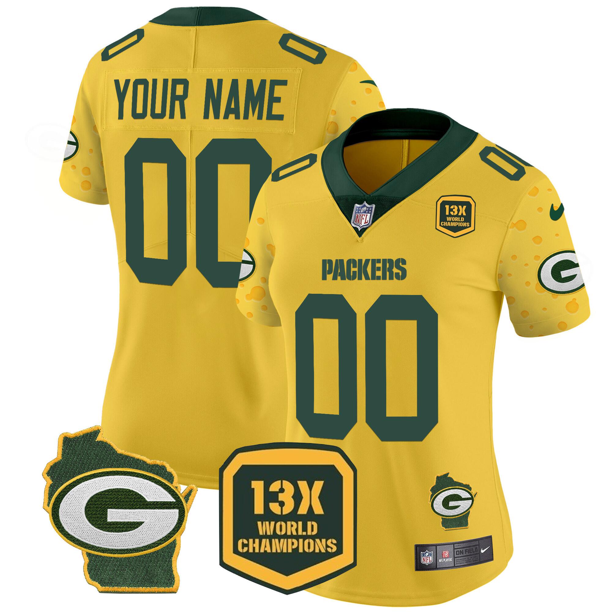 Women's Green Bay Packers ACTIVE PLAYER Custom Cheese Gold 2024 F.U.S.E. Home Patch 13 Time World Champions Vapor Untouchable Limited Stitched Football Jersey(Run Small) Women's Green Bay Packers ACTIVE PLAYER Custom Cheese Gold 2024 F.U.S.E. Home Patch 13 Time World Champions Vapor Untouchable Limited Stitched Football Jersey(Run Small)
